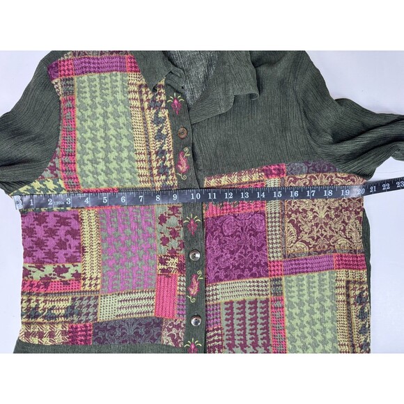 CM Shapes Blouse Womens Large Green Patchwork Rayon Crinkle Boho Artsy - Picture 7 of 11